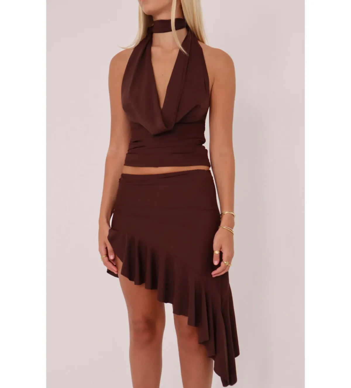 Orphe Sofia Midi Skirt & Halter Top Set Brown Size Small/AU 8 - Image 1