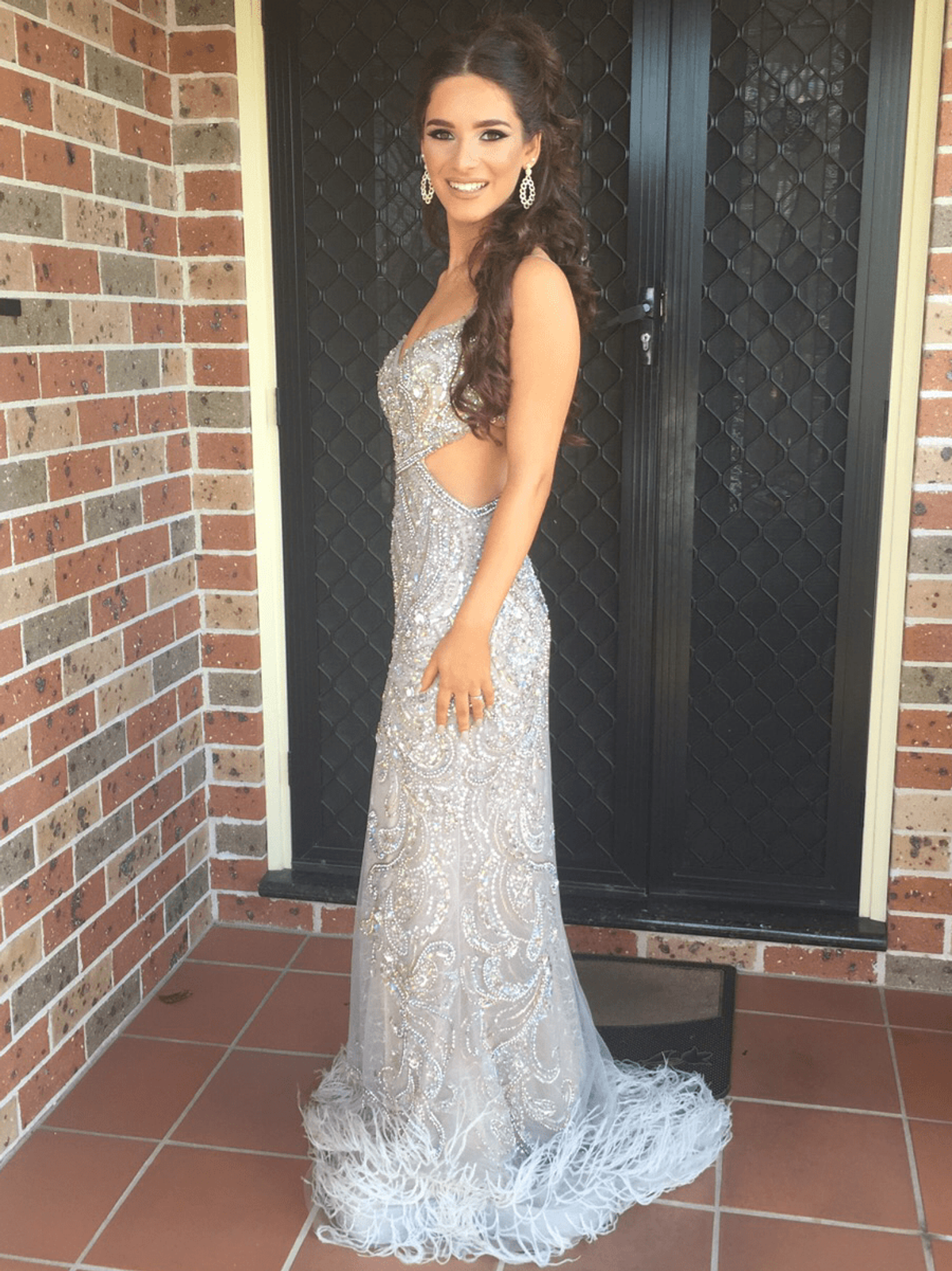 Terani Couture (feather dress) silver grey size 6 - Image 1