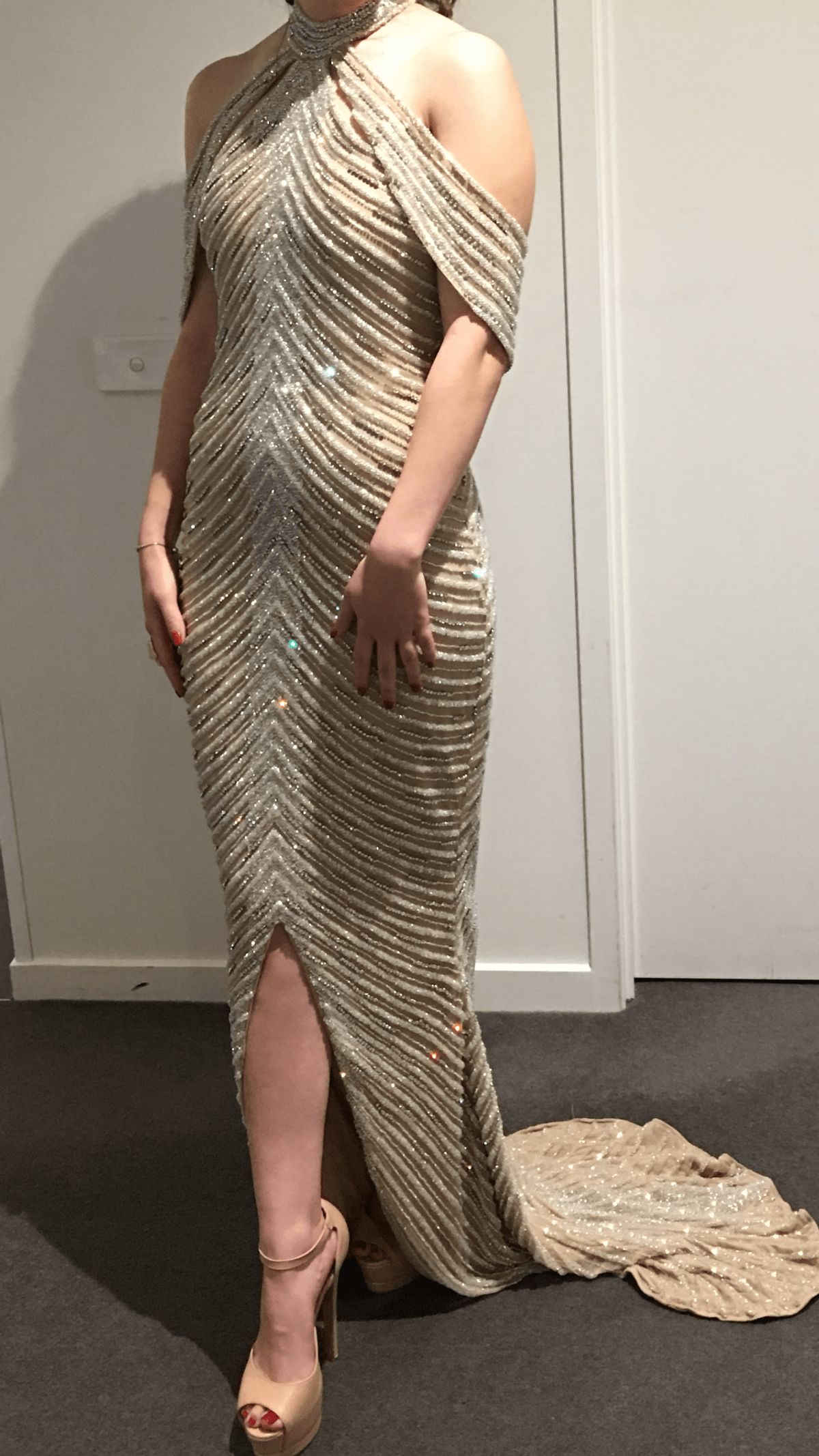 Portia and Scarlett Embellished Halter Gown Silver Nude Size 6 - Image 3