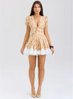 House of CB Imani Pleated Cotton Mini Dress Honeyflower Print Size XS / AU 6 for rent on The Volte - image 1