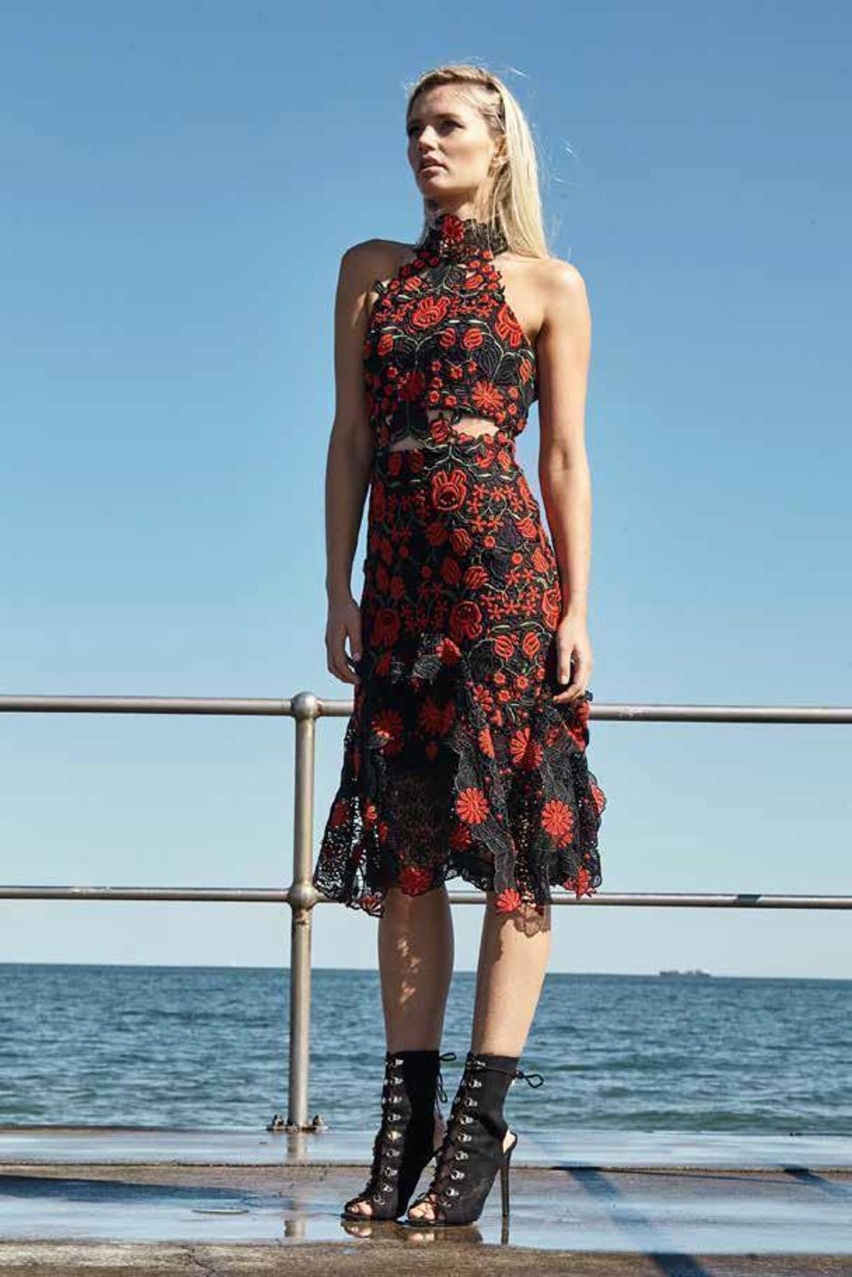 Thurley English Rose Midi Dress Black & Red Sz 6 - Image 1