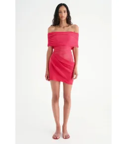 Benni Nico Off Shoulder Mini Dress in Watermelon Size AU 8 for rent on The Volte - image 1