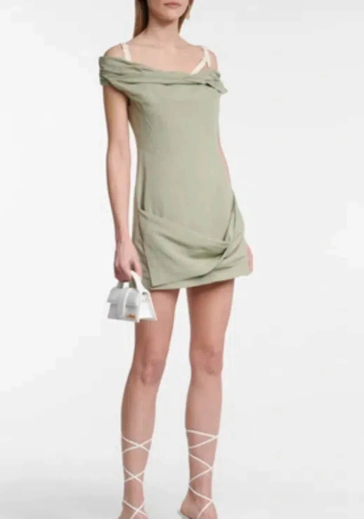 Jacquemus Foglio Off-the-shoulder Gathered Linen-blend Mini Dress In Green - size 38 - Image 1
