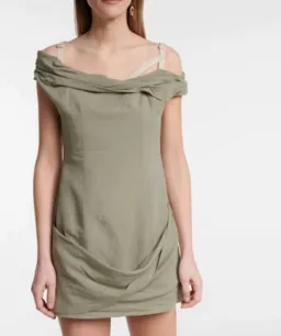 Jacquemus Foglio Off-the-shoulder Gathered Linen-blend Mini Dress In Green - size 38 for rent on The Volte - image 3