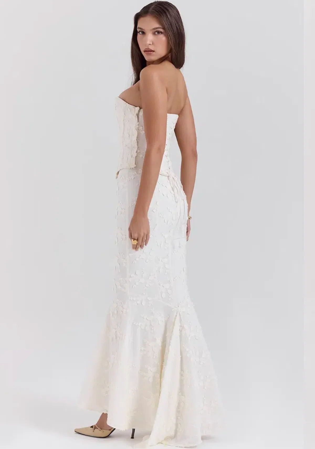 House of CB Dakota Embroidered Strapless Corset and Veronica Embroidered Godet Maxi Skirt Set Vintage Ivory Size M / AU 10 - Image 3