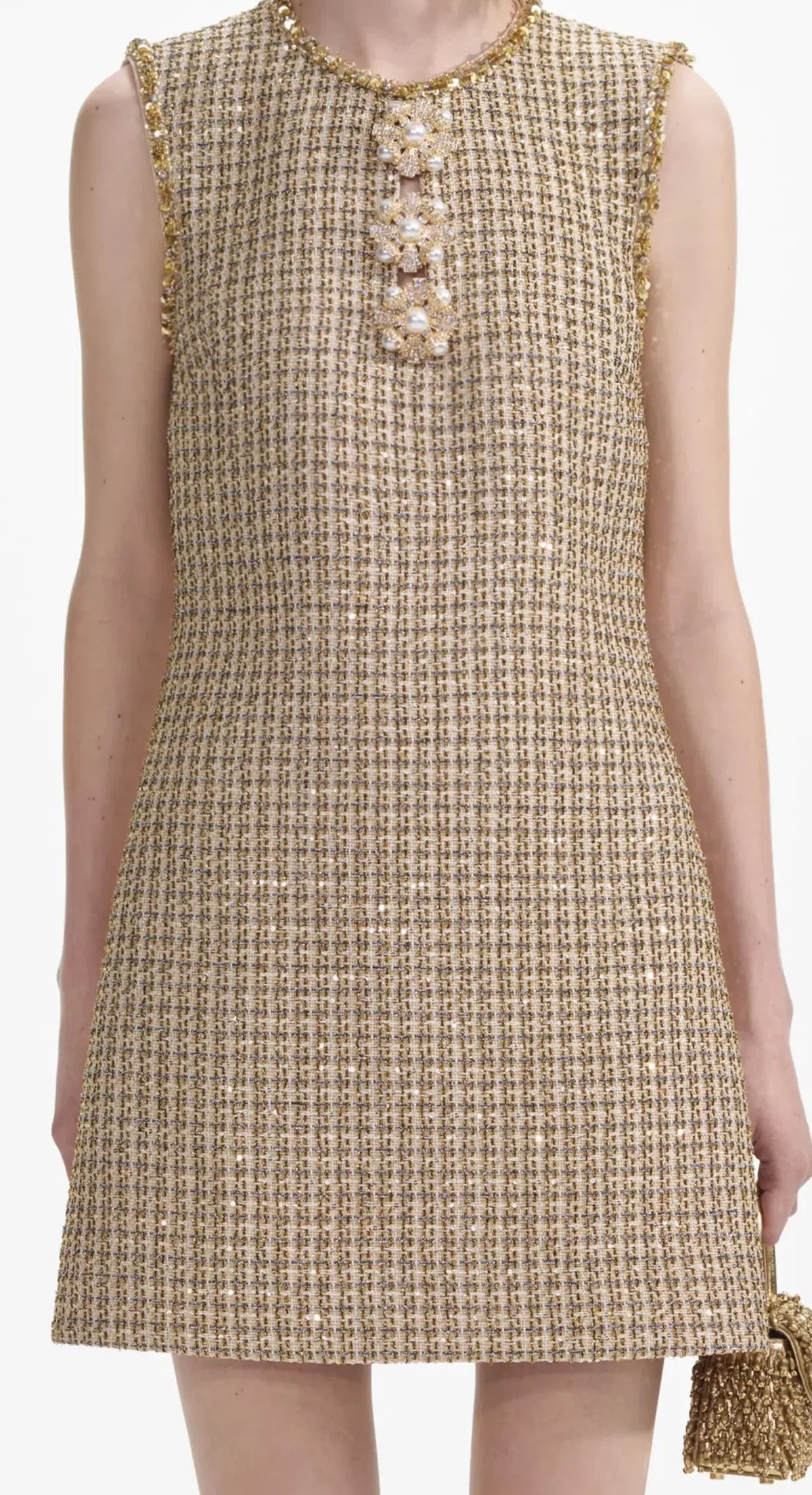 Self-Portrait Boucle Embellished Mini Dress Gold Size AU 10 - Image 2