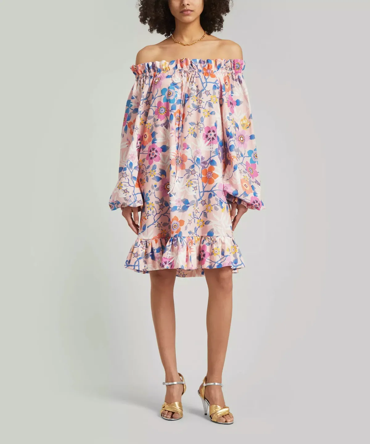 The Vampire’s Wife Mini Mob Off Shoulder Floral Print Slub Linen And Cotton Blend Dress in Baby Pink Size AU 10 - Image 1