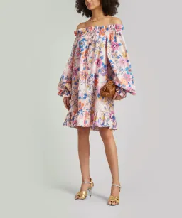 The Vampire’s Wife Mini Mob Off Shoulder Floral Print Slub Linen And Cotton Blend Dress in Baby Pink Size AU 10 for rent on The Volte - image 2