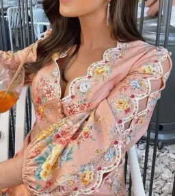 Zimmermann Zinnia Scallop Mini Dress Coral Floral Size 0/Au 8  for rent on The Volte - image 3