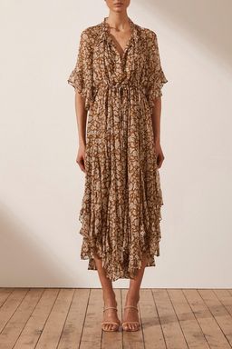 Shona Joy Odette Flutter Sleeve Godet Midi Dress Print Size 10 for rent on The Volte - image 1