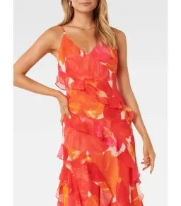 Forever New Asymmetrical Ruffle Orange Poppy Dress Print Size AU 8 for rent on The Volte - image 2