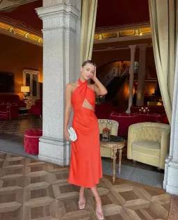Misha Linnea Satin Midi Dress Orange Size 8 for rent on The Volte - image 4