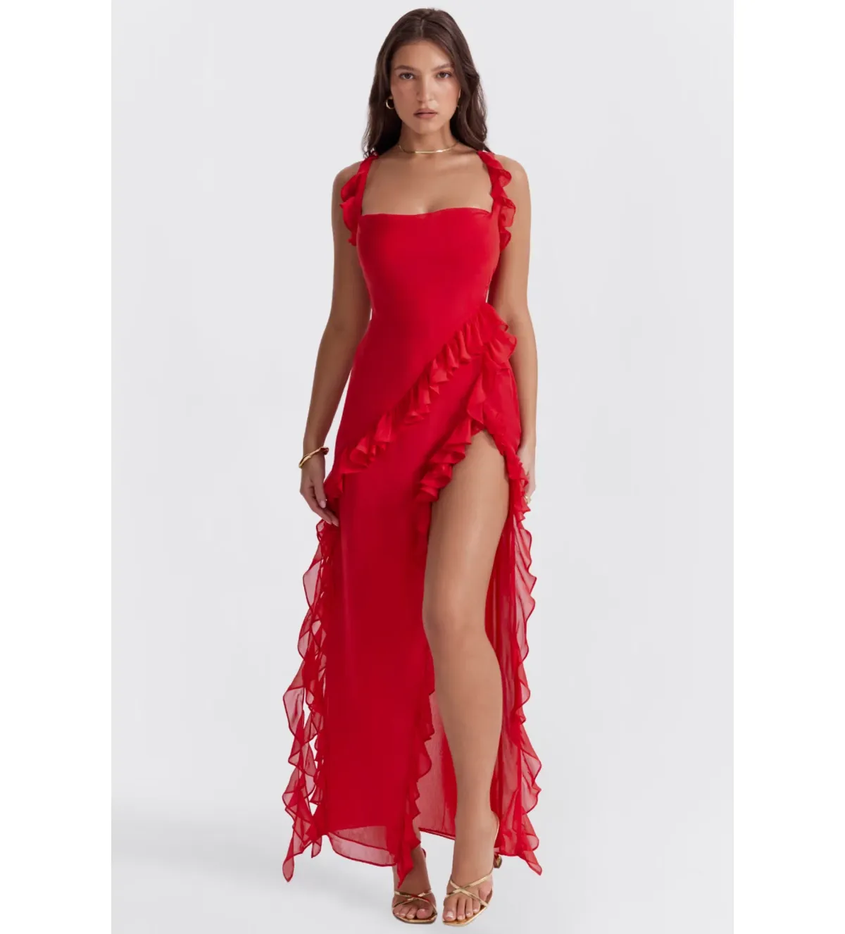 House of CB ARIELA Cherry Ruffle Maxi Dress Red Size 10 - Image 1