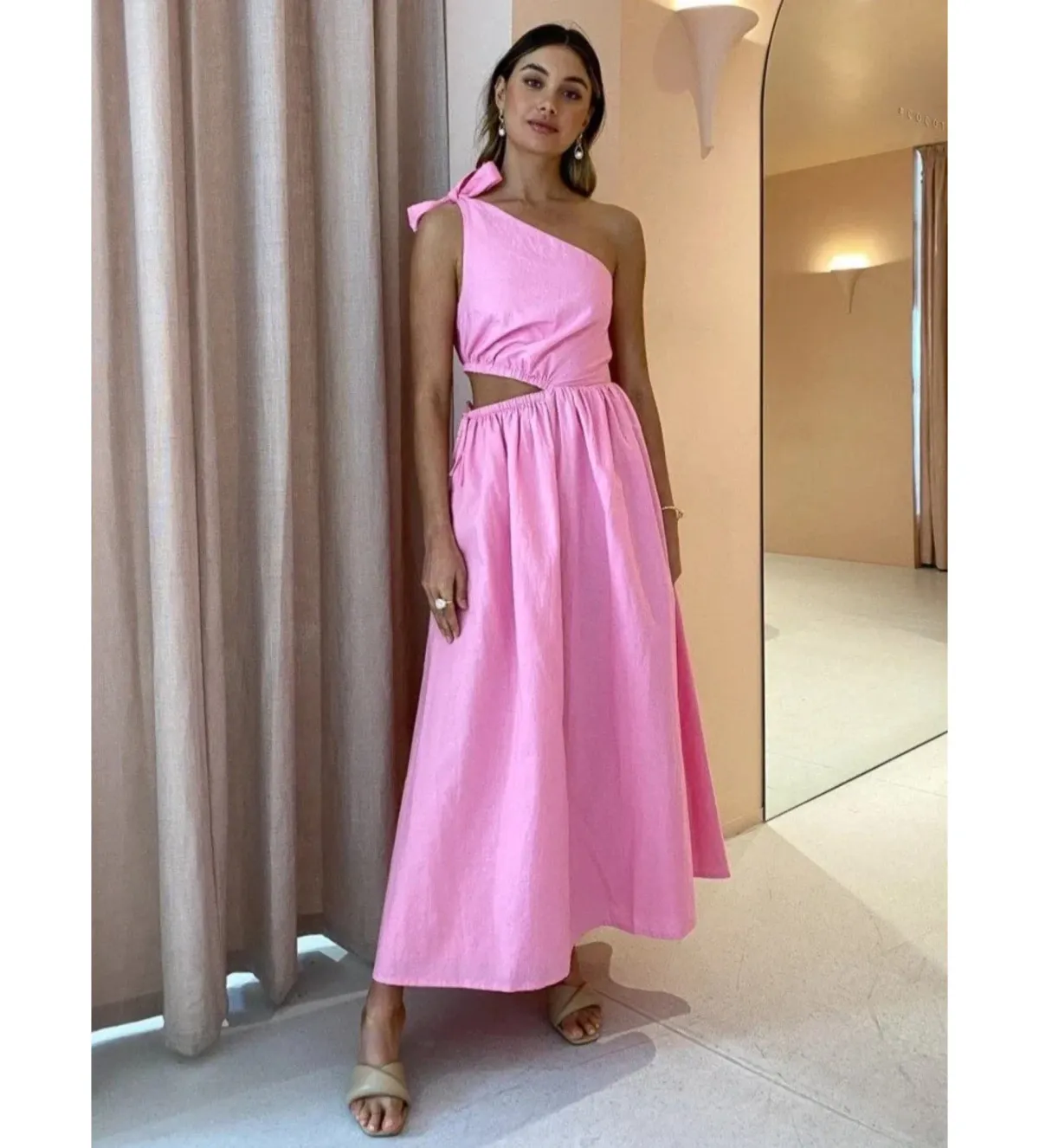 By Nicola Gabrielle One Shoulder Midi Dress Pink Grapefruit Size 8 - Image 1