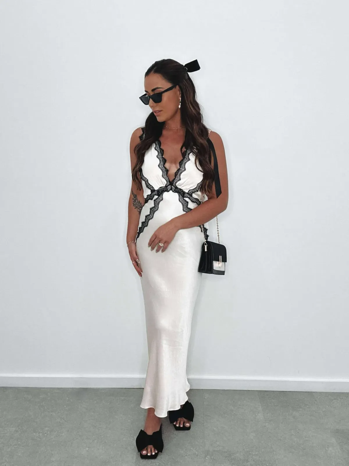 Shona Joy Camille Lace Cross Back Midi Dress in Cream/Black Size 10 - Image 3