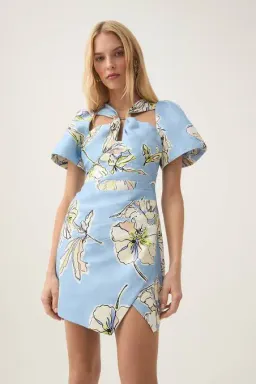 Aje Presence Twisted Mini Dress Blue Hibiscus Size 8 for rent on The Volte - image 2