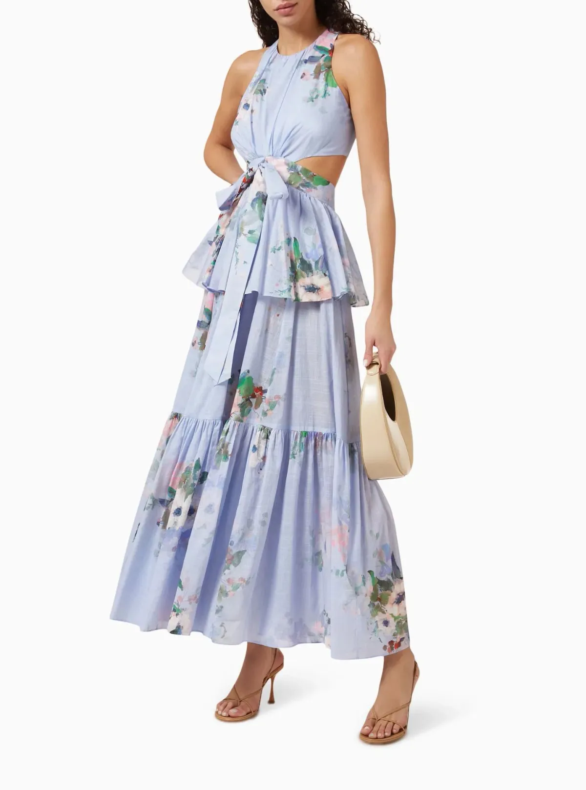 Zimmermann Everley Draped Bow Midi Dress Light Blue Watercolour Floral Size 0 / AU 8 - Image 1
