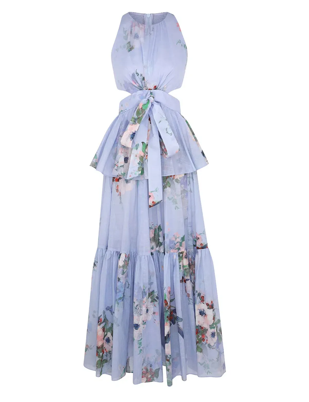 Zimmermann Everley Draped Bow Midi Dress Light Blue Watercolour Floral Size 0 / AU 8 - Image 5