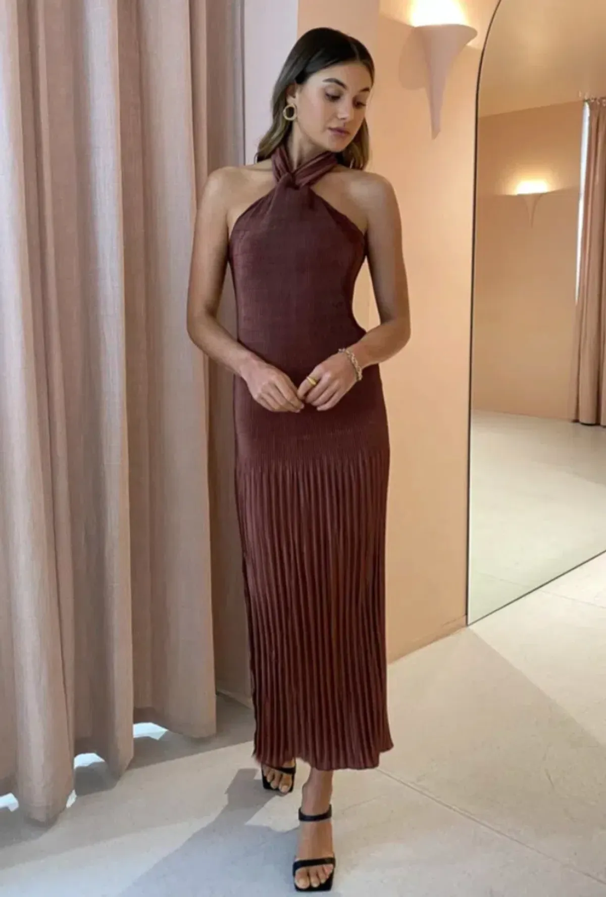L'Idee Soiree Pleated Halter Dress in Chocolate Size 10  - Image 3