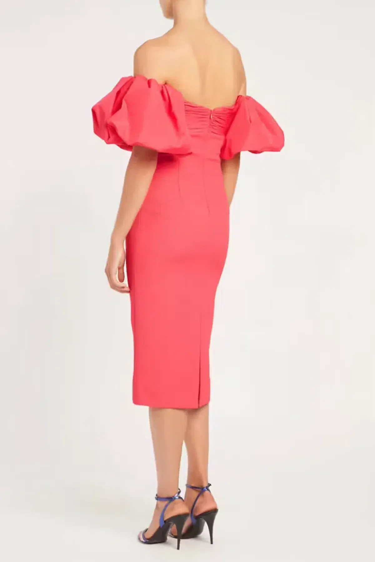 REBECCA VALLANCE CAITLIN OFF THE SHOULDER MIDI DRESS CORAL PINK SIZE 8 - Image 3