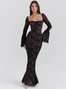 House Of CB Delilah Long Sleeve Lace Maxi Dress Black Size 6 for rent on The Volte - image 1