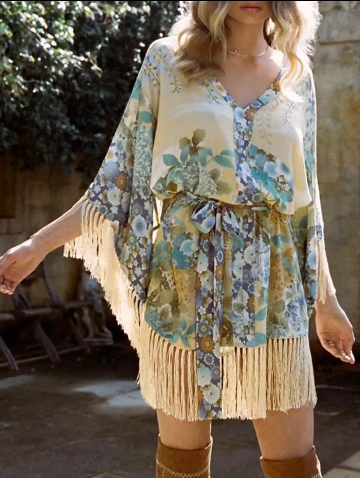 Spell & The Gypsy Free People Willow Tassel Kimono Mini Wrap Dress Multi Size XS / AU 6 - Image 4
