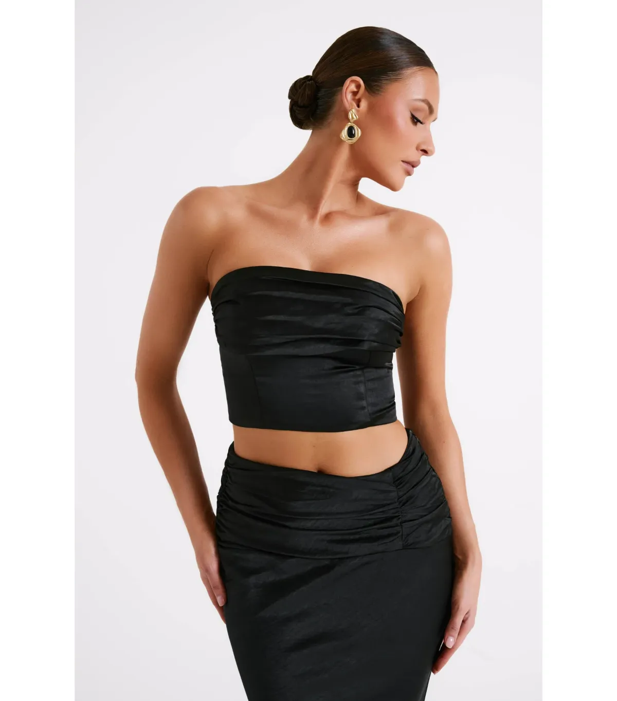 Meshki Khalani Ruched Strapless Satin Top and Skirt Set Black Size AU 8 - Image 2
