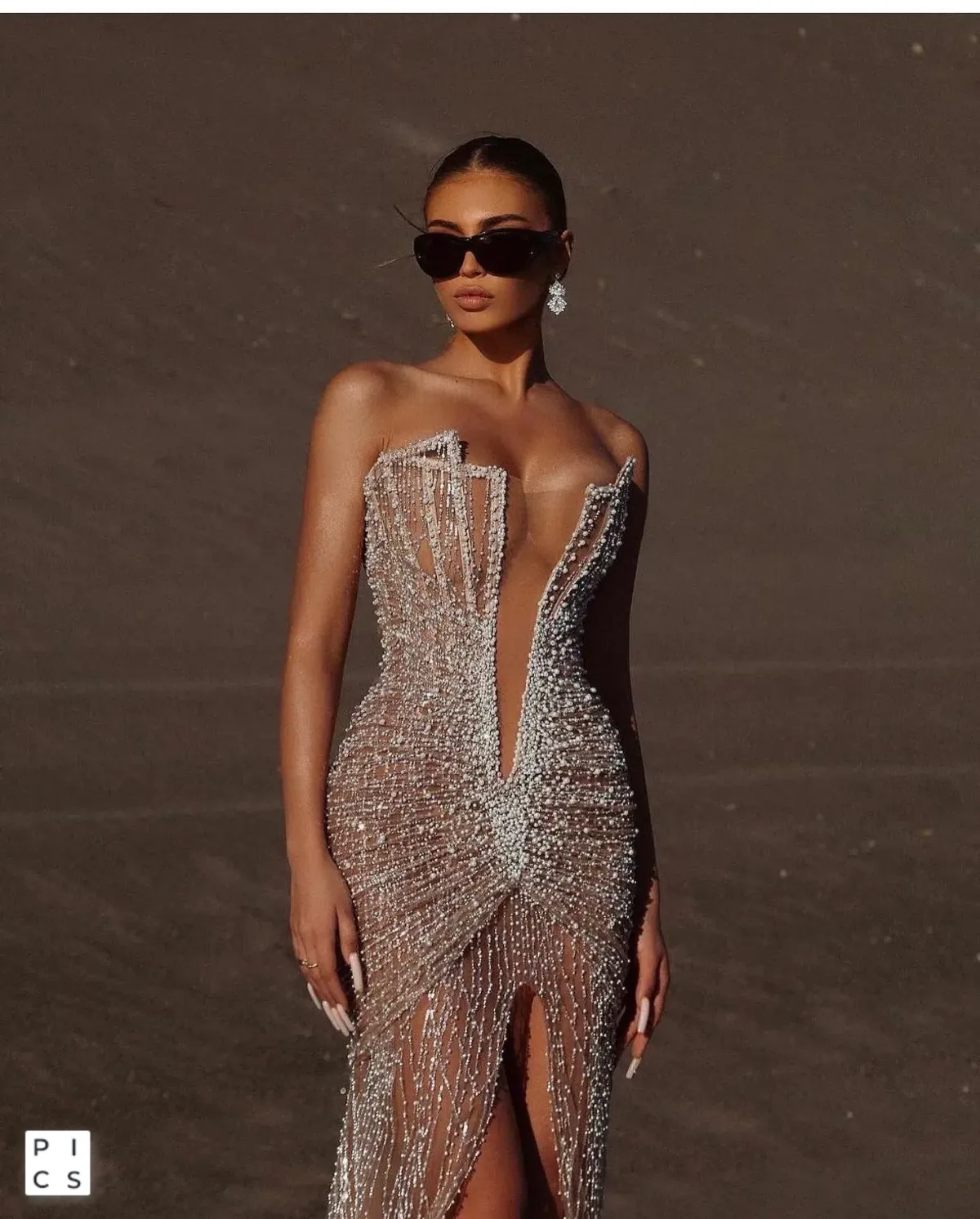 Albina Dyla Pearl Beaded Deep V Gown - Image 1