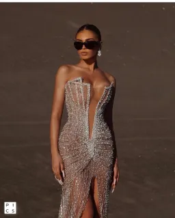 Albina Dyla Pearl Beaded Deep V Gown for rent on The Volte - image 1