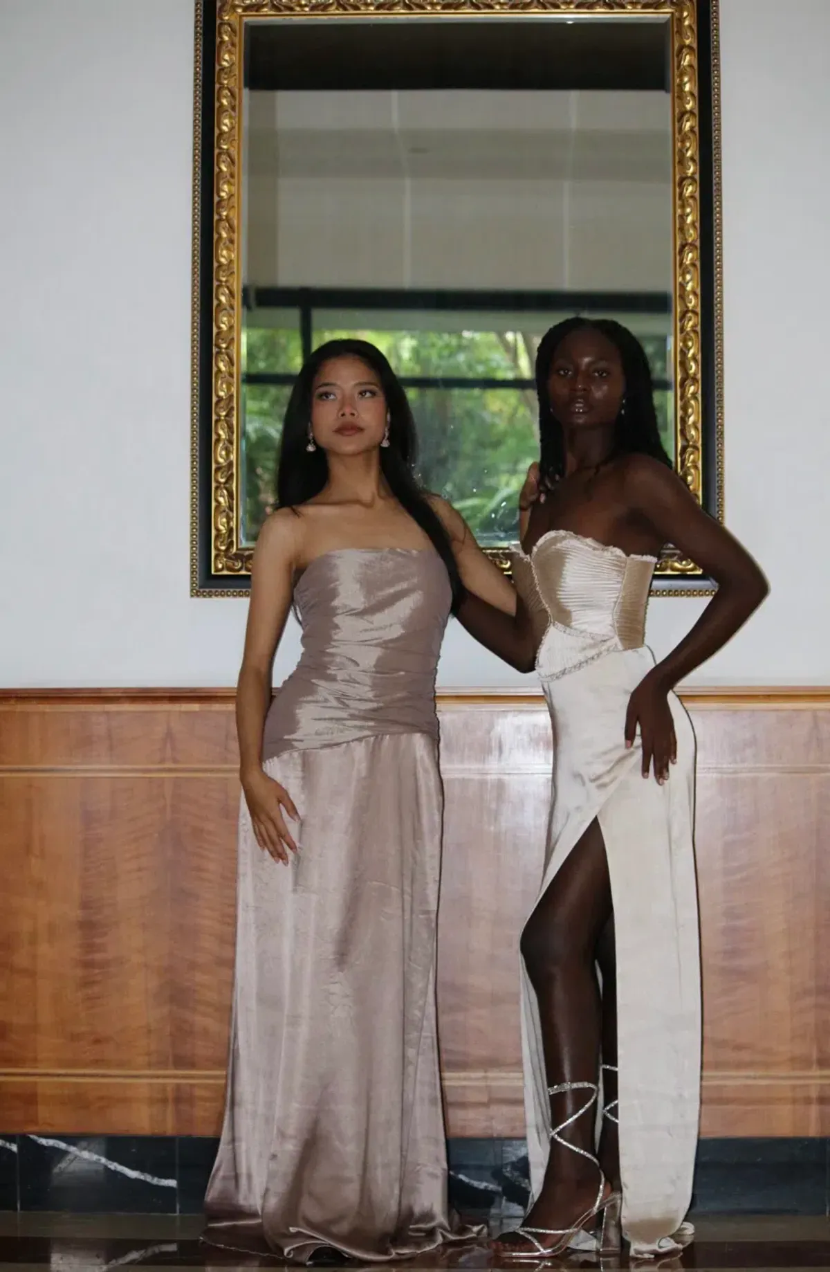 Larissa Satin Maxi Dress With Ruched Petals - Champagne MESHKI - Image 6