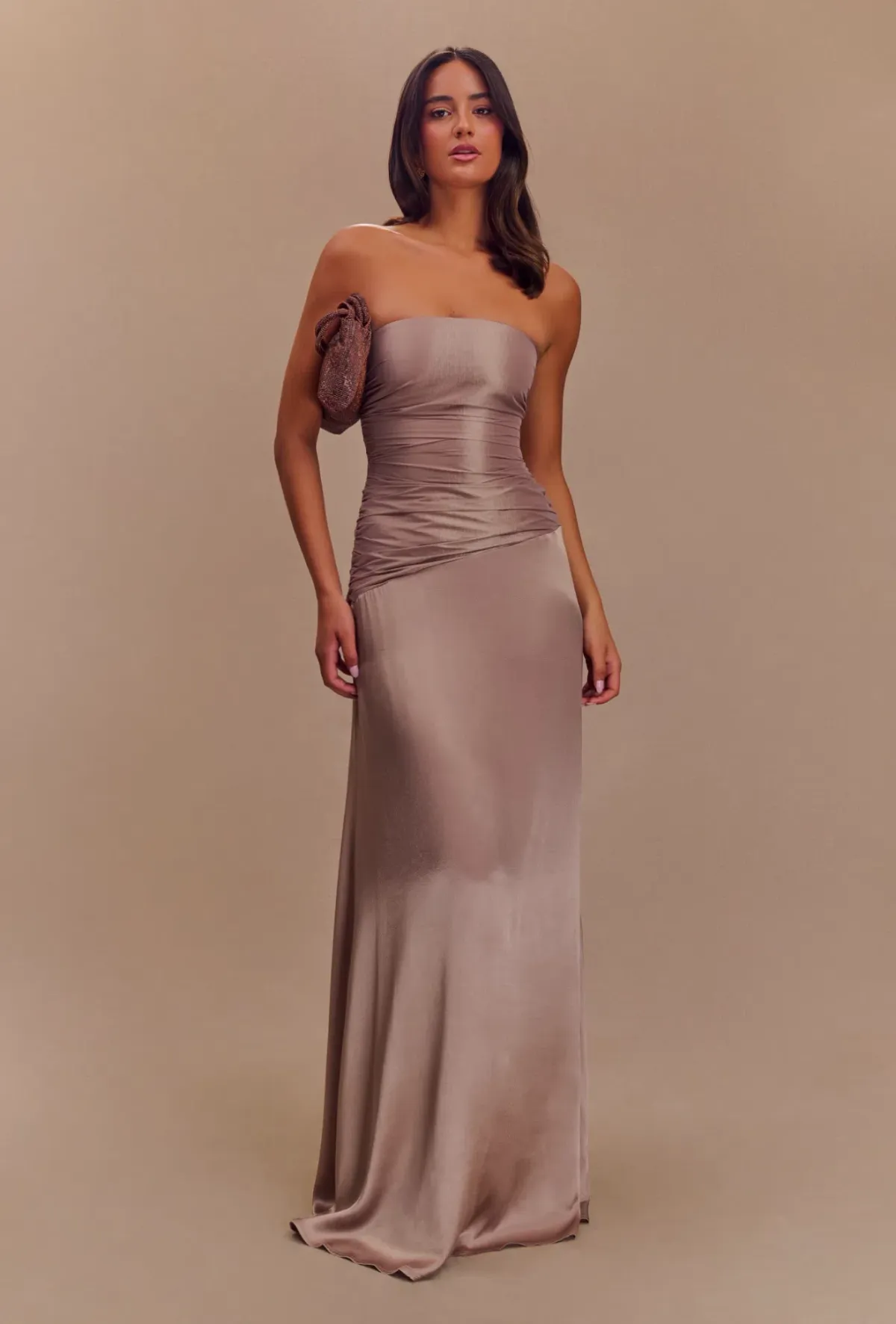 Serena Strapless Taffeta Maxi Dress - Bronze Taupe MESHKI size S - Image 1