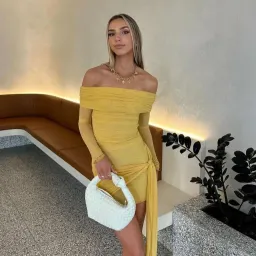 BENNI Yasmin Off Shoulder Mini Dress in Mustard Yellow Size 10 for rent on The Volte - image 3