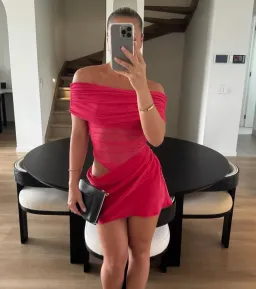 Benni Nico Off Shoulder Mini Dress in Watermelon Size 8 for rent on The Volte - image 6