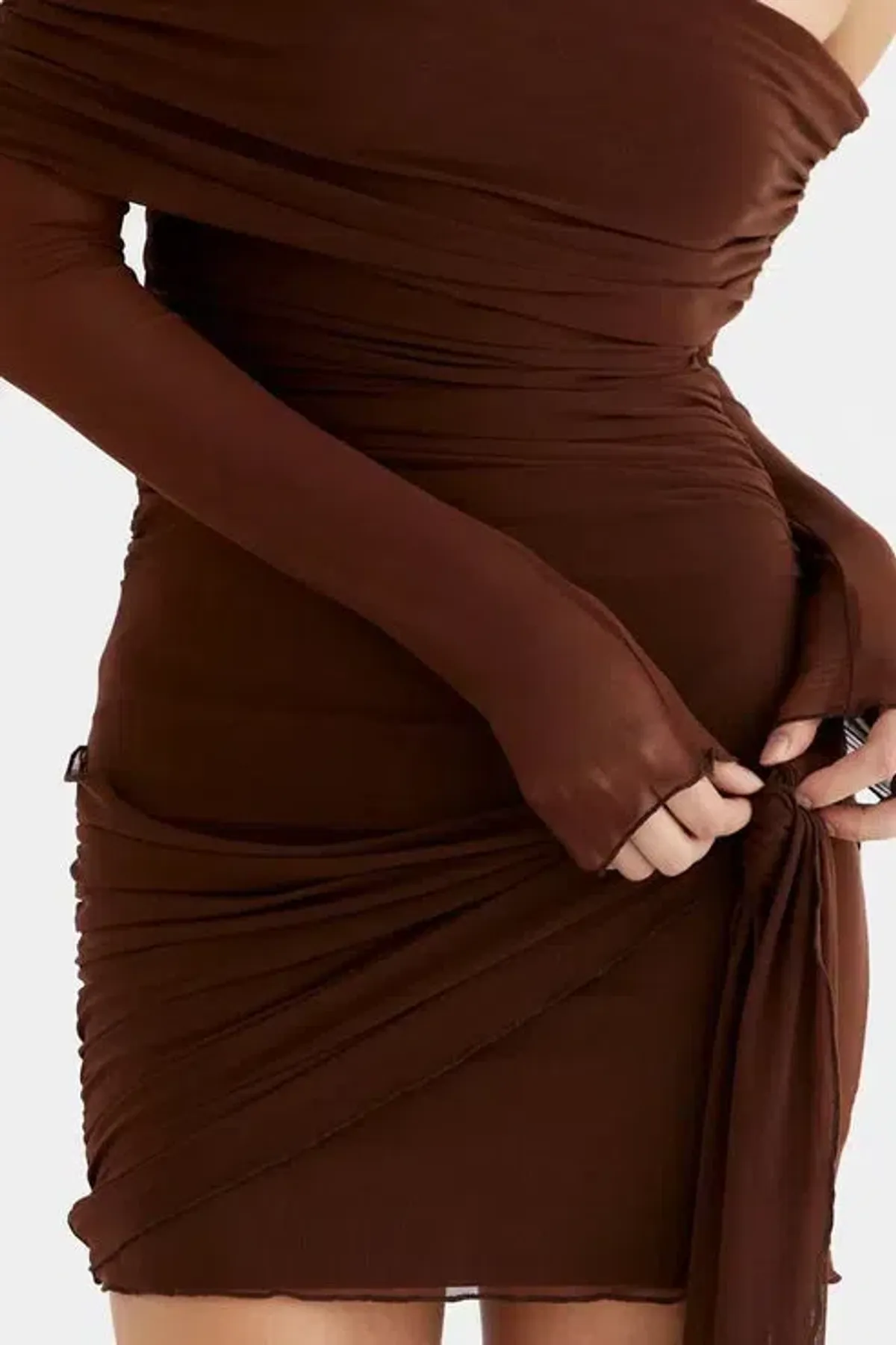 Benni Yasmin Off Shoulder Mini Dress in Cocoa Brown Size S / AU 8 - Image 4