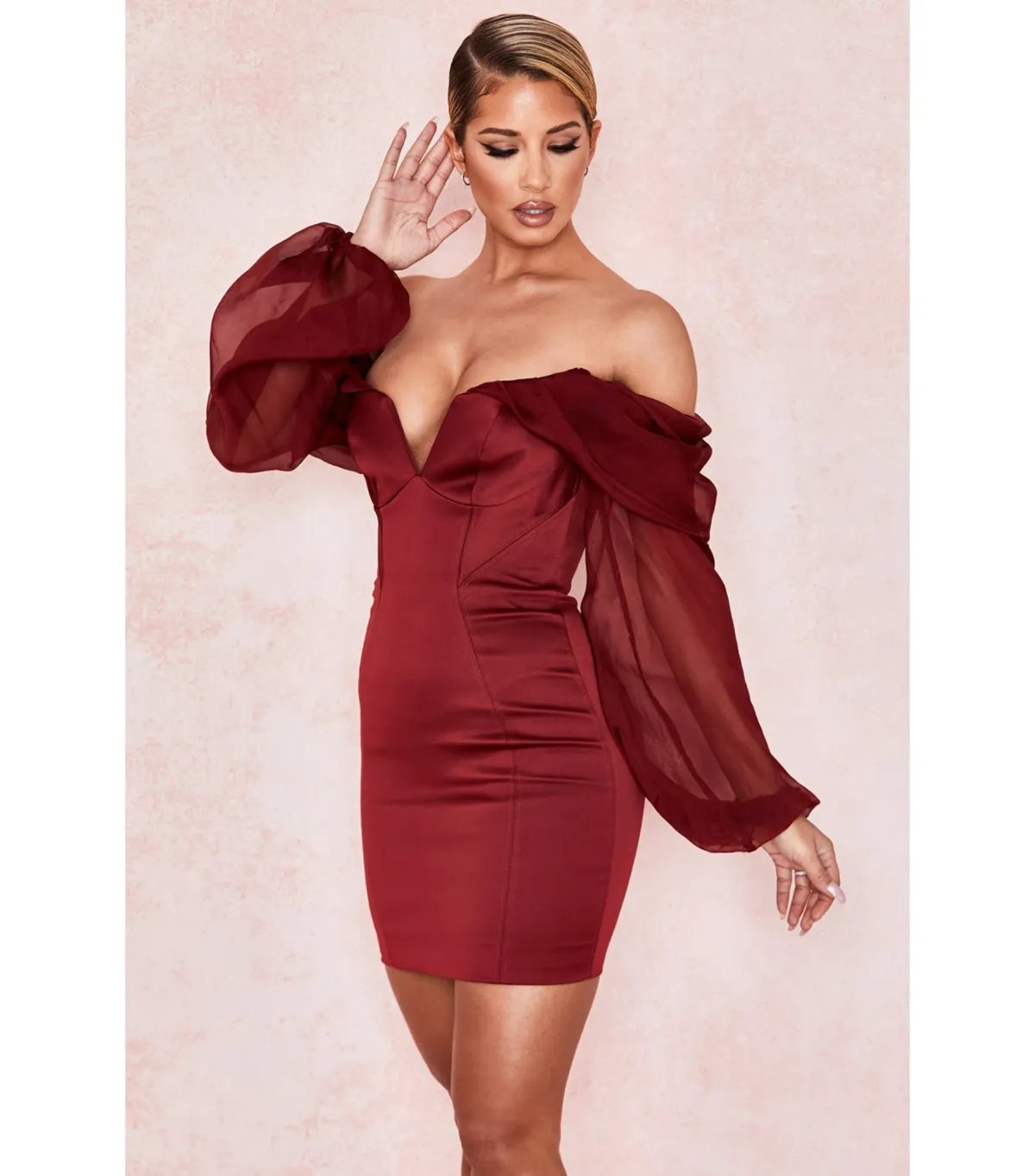 House Of CB Olivia Satin Off Shoulder Dress Wine Size M / AU 10 - Image 3