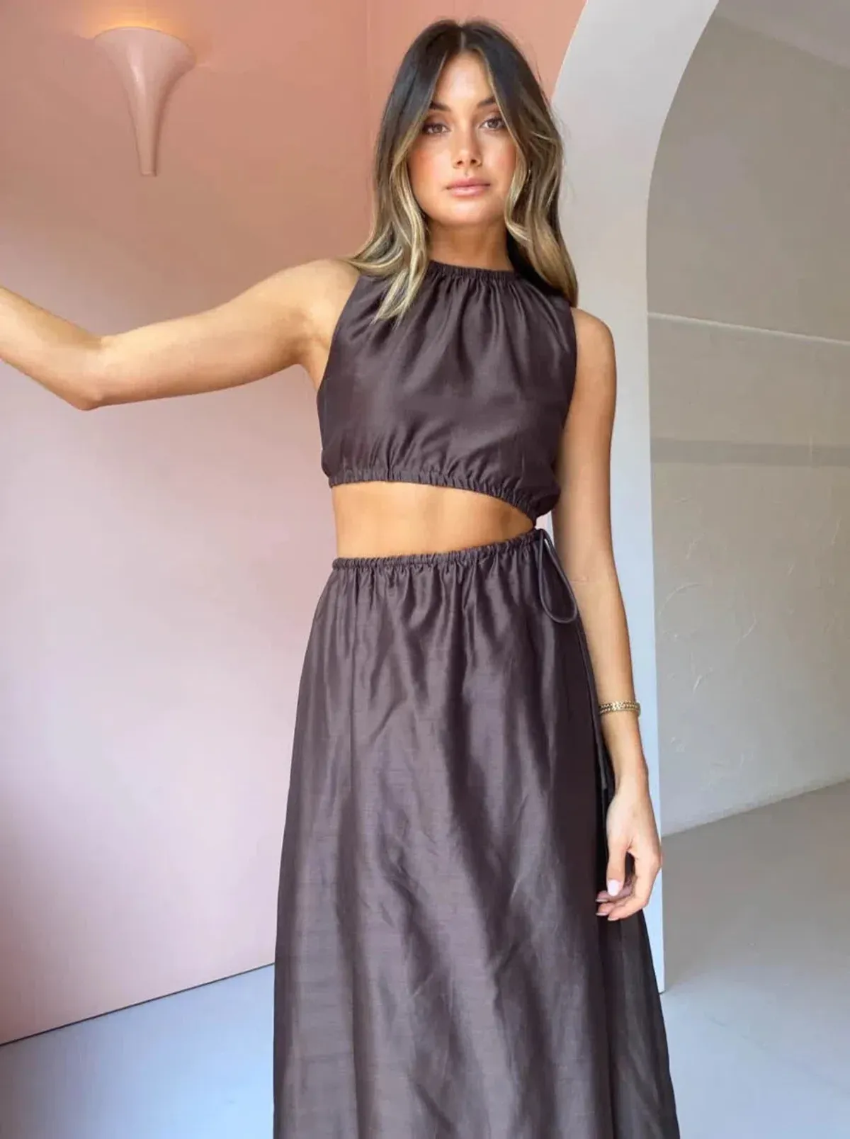 Sir the Label Anje Asymmetrical Cut Out Dress in Chocolate Size 2 / AU 10 - Image 2