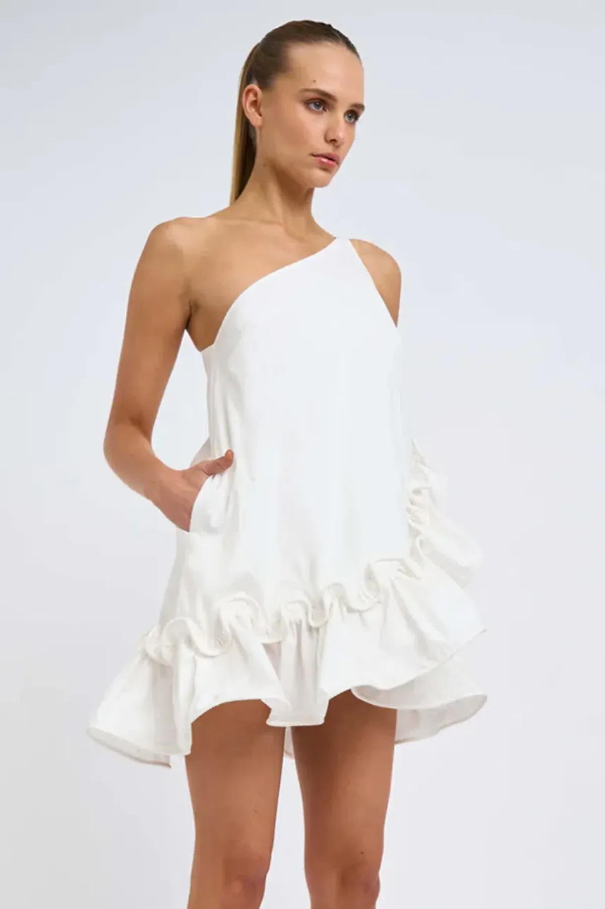 By Johnny Rope Frill Asymmetrical Mini Dress Ivory Size 12 - Image 1