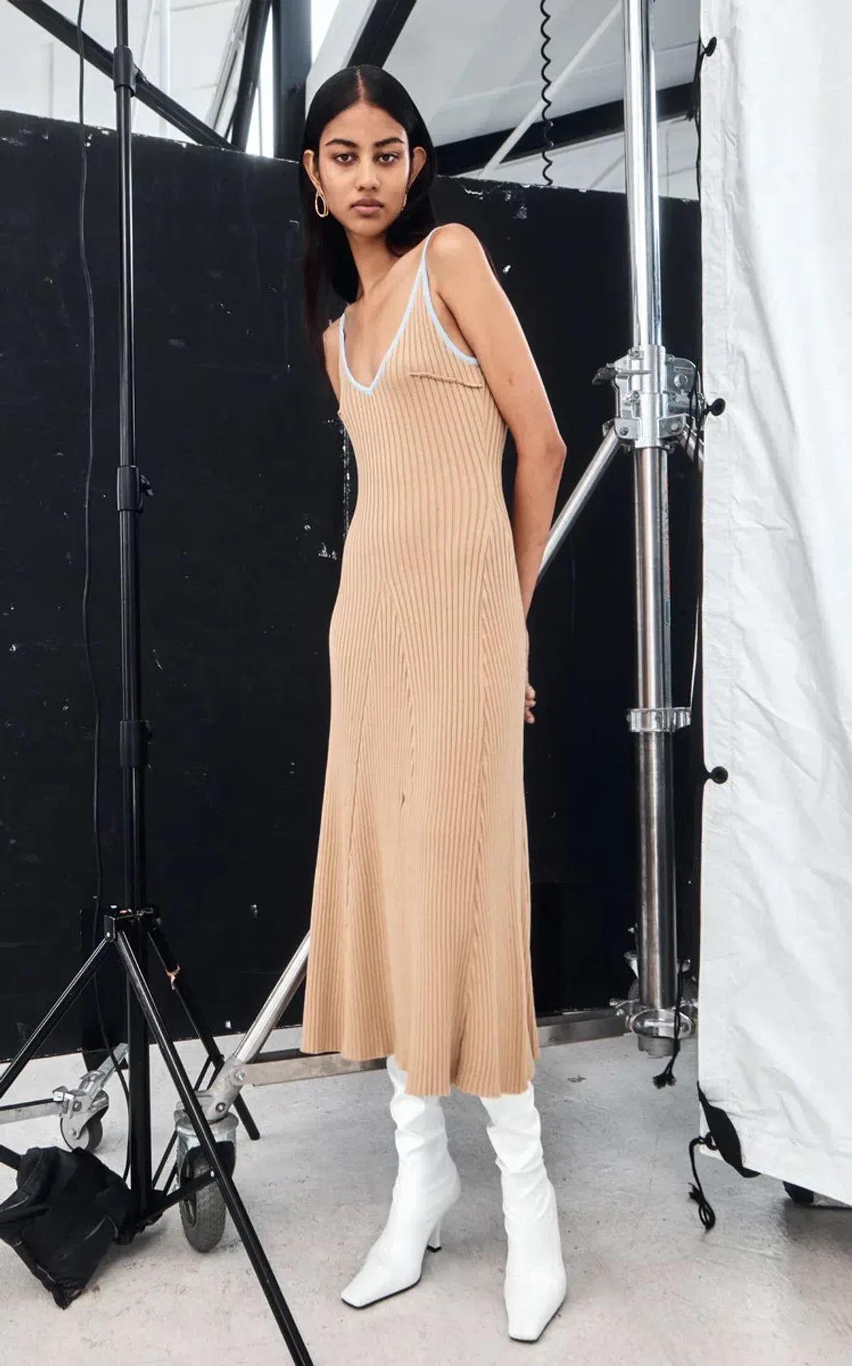 Anna Quan Scarlet Ribbed Knit Cotton Midi Dress Tan/Blue Size 10 - Image 1