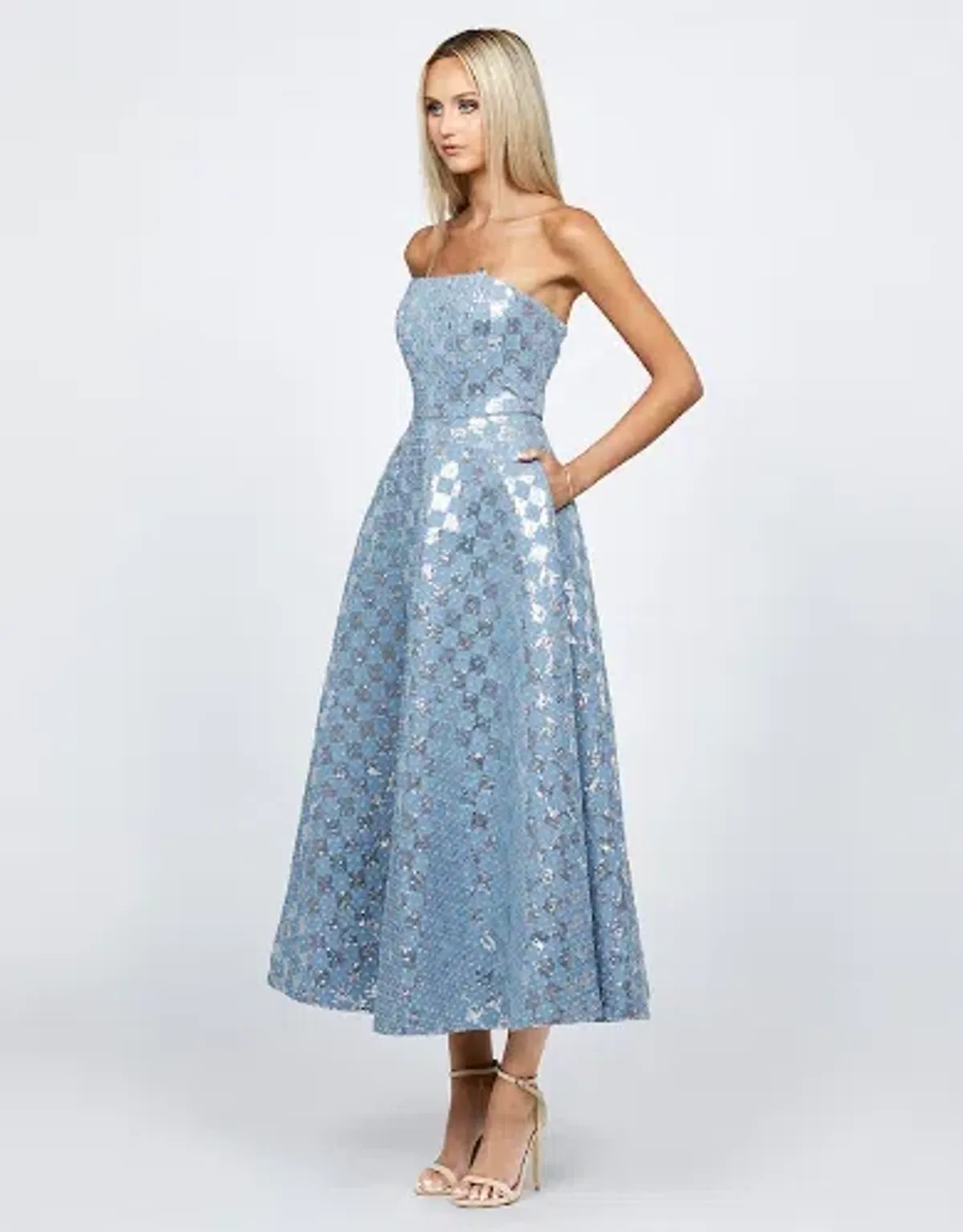 Bariano Zaharina Strapless Tea Midi Dress in Silver/Blue Size AU 6  - Image 2