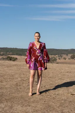 Aje Inflorescence Knot Front Mini Dress Bold Hibiscus Burgundy Size 8 for rent on The Volte - image 1