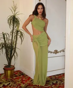Deconduarte Paradiso Mesh Maxi Dress in Wasabi Size AU 6 for rent on The Volte - image 1