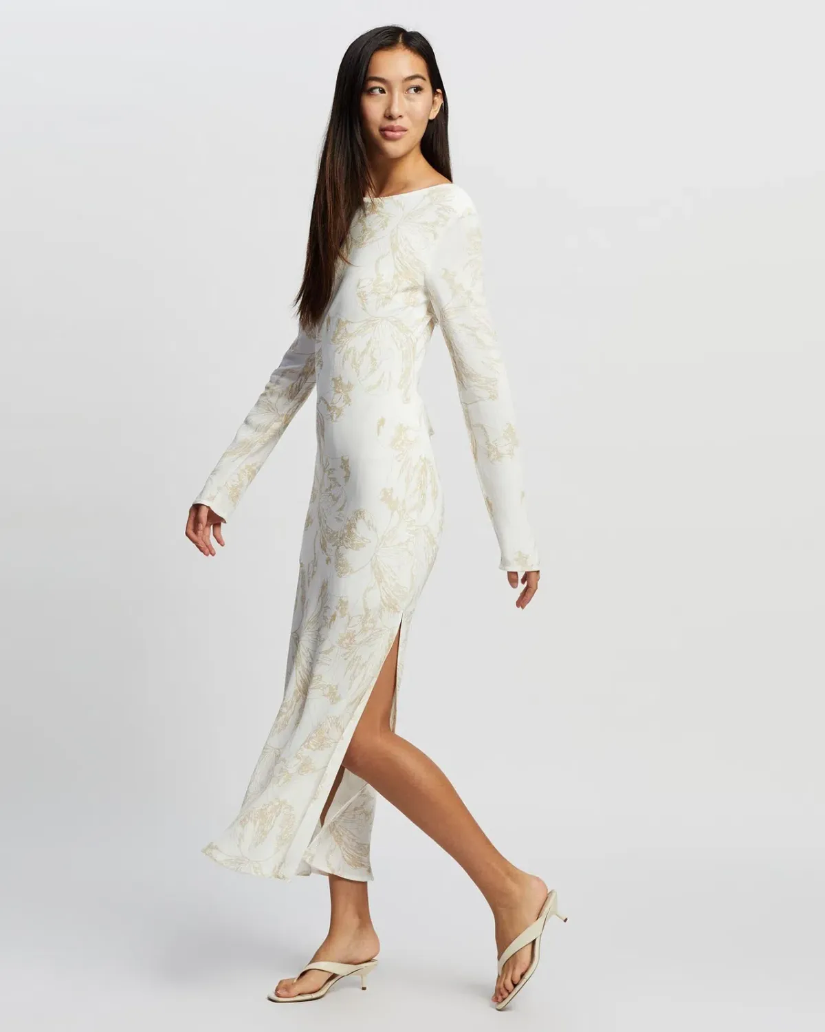 Third Form Open Back Bouquet Maxi Dress in White with Gold Flower  Size 6 - Image 1