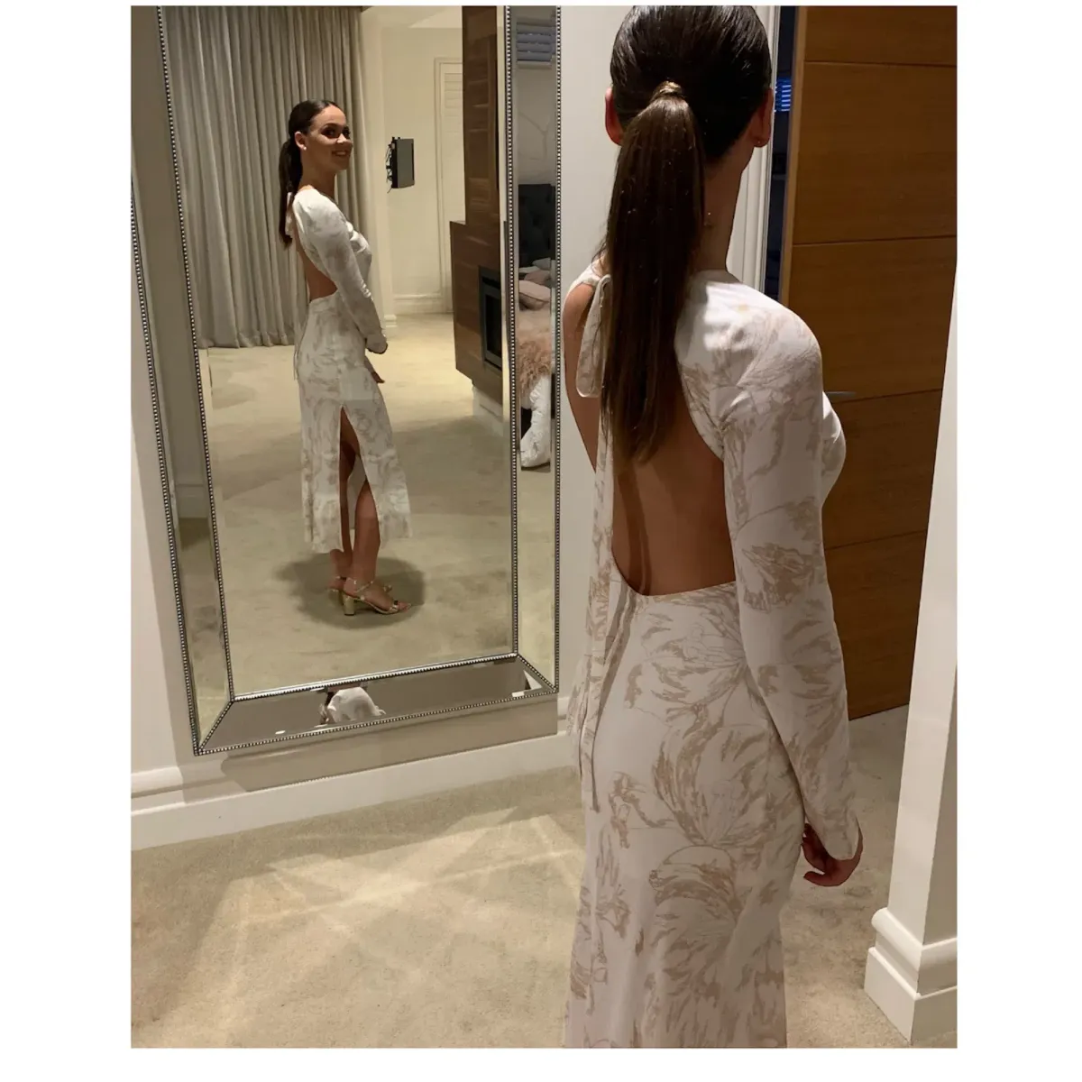 Third Form Open Back Bouquet Maxi Dress in White with Gold Flower  Size 6 - Image 3