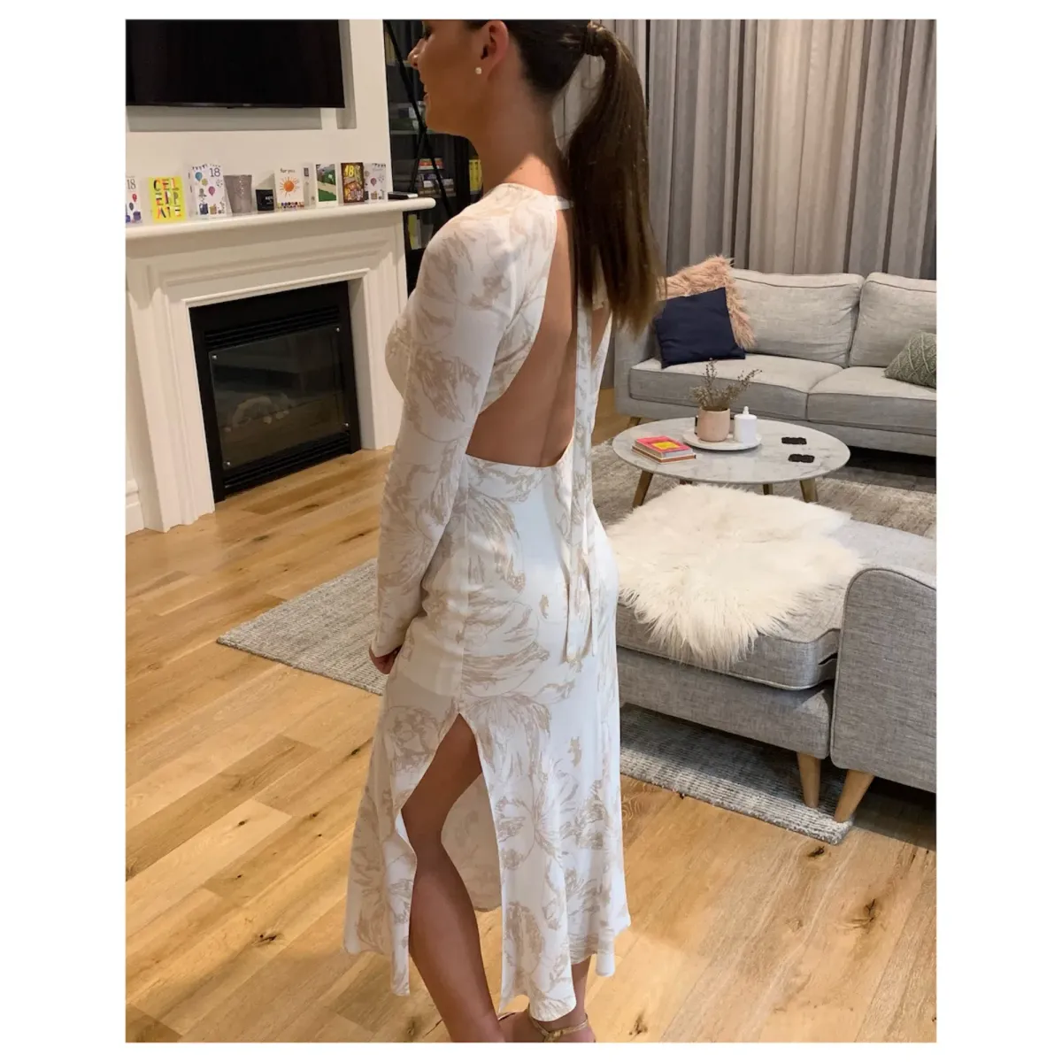 Third Form Open Back Bouquet Maxi Dress in White with Gold Flower  Size 6 - Image 4