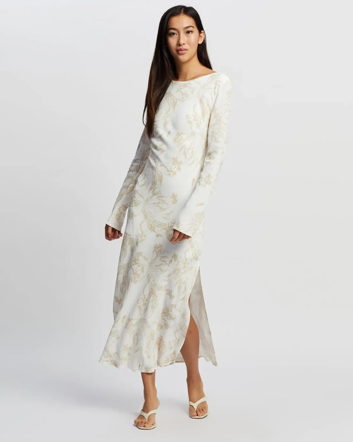 Third Form Open Back Bouquet Maxi Dress in White with Gold Flower  Size 6 - Image 2