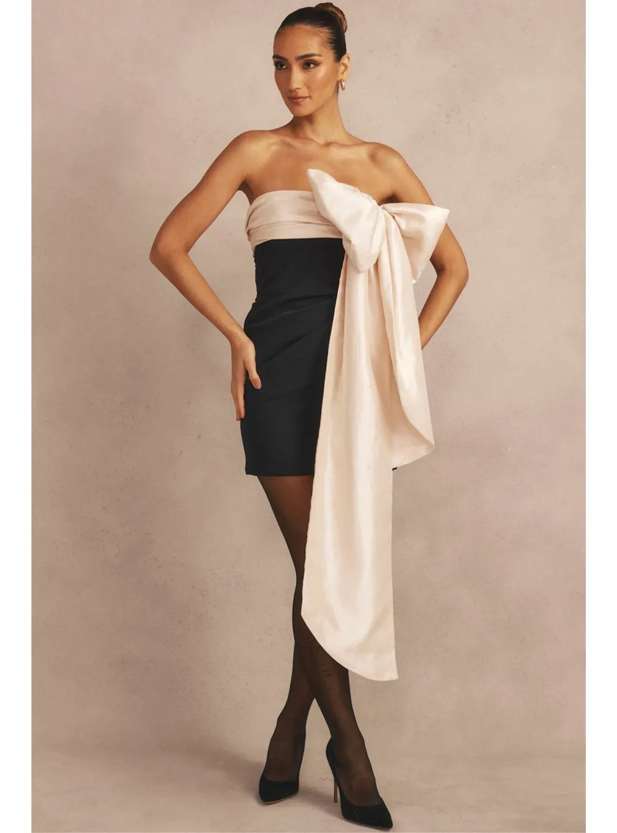 House of CB Jana Bow Mini Dress Black & Ivory Size M (AU 10) - Image 5