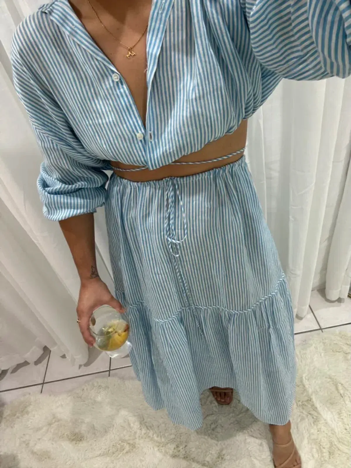 Scanlan Theodore Striped Cotton Voile Crop Shirt and Skirt Set Print Blue Size AU 6 - Image 5