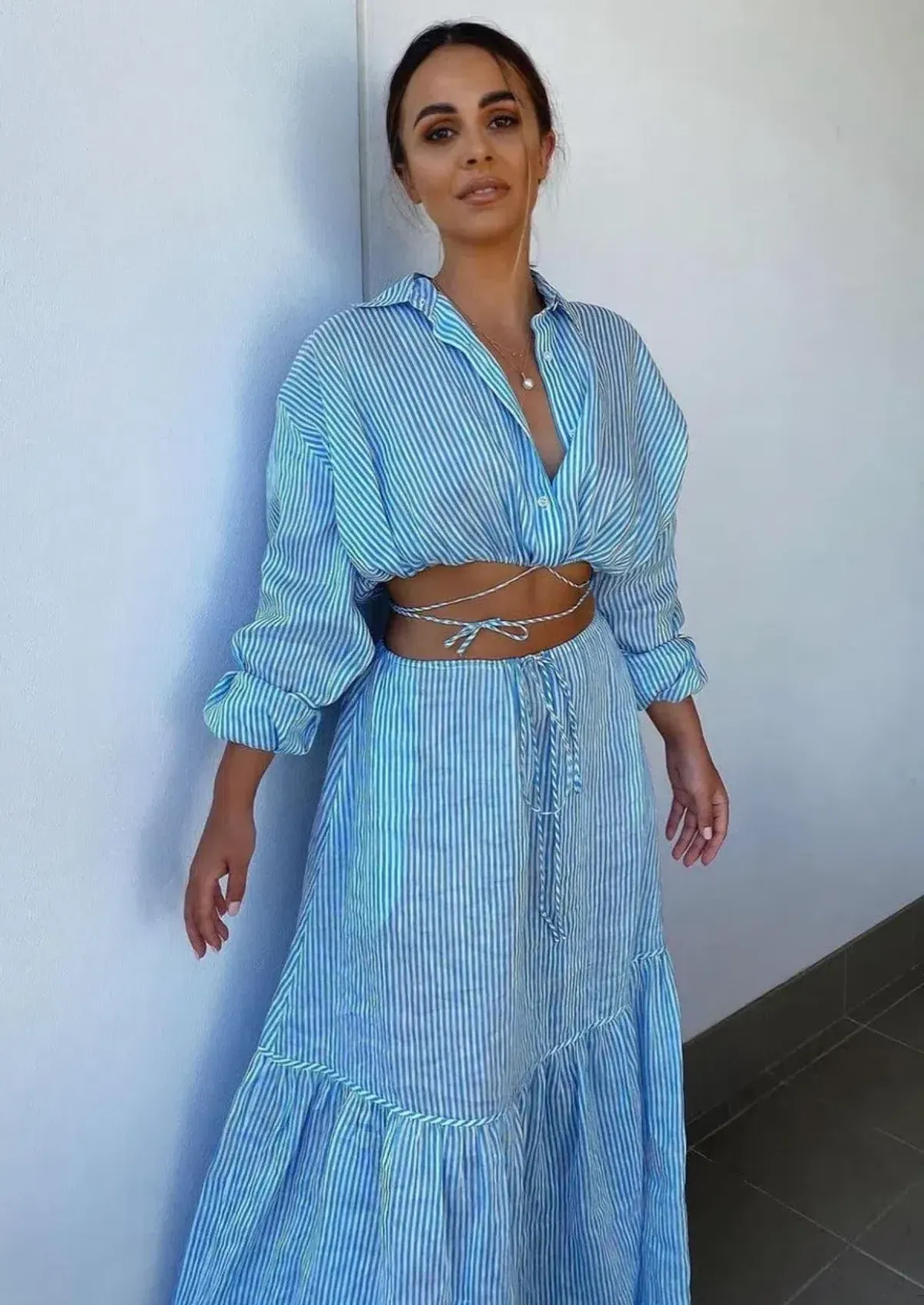 Scanlan Theodore Striped Cotton Voile Crop Shirt and Skirt Set Print Blue Size AU 6 - Image 2