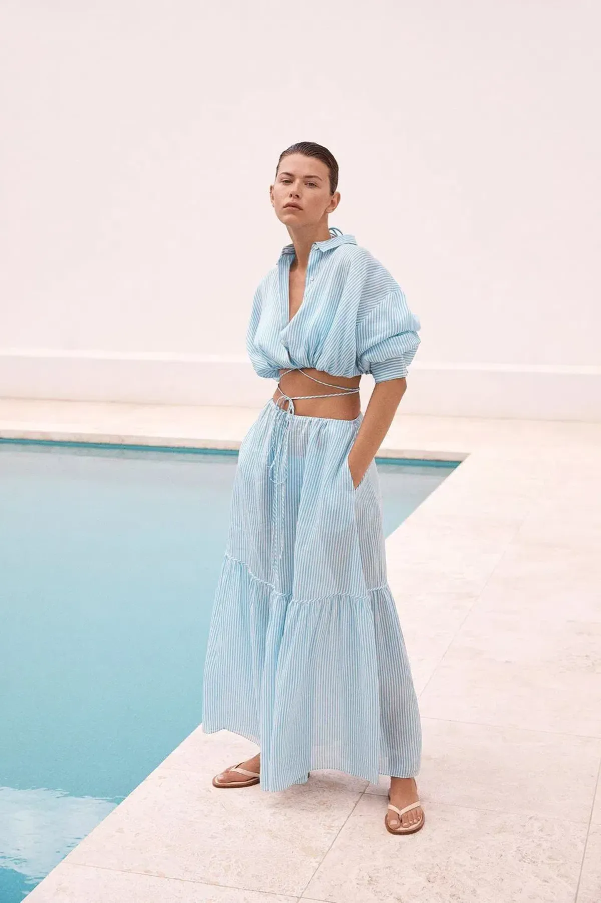 Scanlan Theodore Striped Cotton Voile Crop Shirt and Skirt Set Print Blue Size AU 6 - Image 1