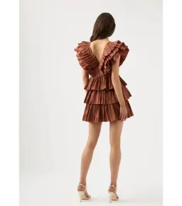 Aje Rythmic Frilled Mini Dress Brown Size AU 8 for rent on The Volte - image 2